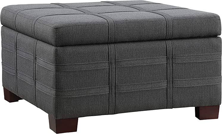 OSP Home Furnishings Detour Strap Square Storage Ottoman with Tray and Solid Wood Legs, Charcoal Fabric