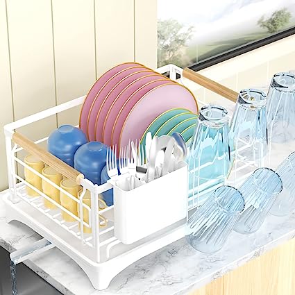 G-TING Dish Drying Rack, Dish Rack for Kitchen Counter, Rust-Proof Dish Drainer with Drying Board and Utensil Holder for Kitchen Counter Cabinet, 16.6” L× 12.6”W× 7.8”H, White