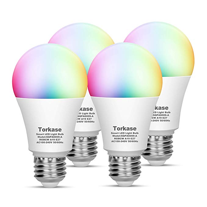 Torkase Smart WiFi Bulbs, Dimmable LED Light Bulbs, A19, E27, 9W(80W Equivalent), 2700K-6500K RGBCW Multi-Color, Compatible with Amazon Alexa & Google Home & IFTTT, No Hub Required- 4 Pack