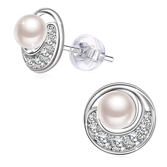 J.Rosée Jewelry Gifts Packing 925 Sterling Silver Cubic Zirconia Moon Freshwater Pearl Stud Earrings for Women