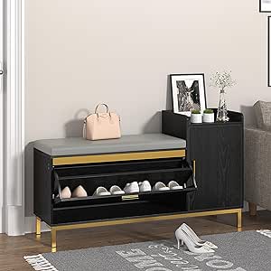 VECELO Shoe Storage Bench with Flip Drawers for Entryway Removable Seat Cushion for Bedroom, Hallway, Living Room, Slim, Black