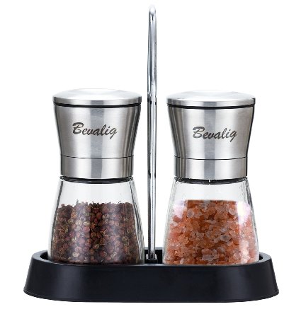 Salt and Pepper Spice Grinder Set with Unique Durable Stand - Premium Adjustable Coarseness Spice Grinder Mill Shaker - Best for your Himalayan Salt, Peppercorn and Spices