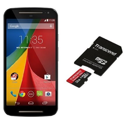 Motorola Moto G 2nd generation Unlocked Cellphone 8GB Black w Transcend 32GB MicroSDHC Memory Card