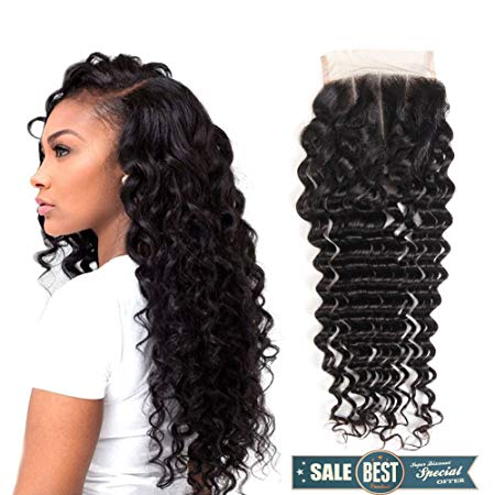 HUA Hair Deep Wave Lace Closure Only,100 Unprocessed 4x4 Virgin Human Hair 3 Part Closure for Black Women, Natural Color (10 inch 3 part closure)