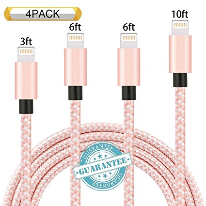 DANTENG iPhone Cable 4 Pack 3FT, 6FT, 6FT, 10FT, Extra Long Charging Cord Nylon Braided USB Lightning Charger for iPhone X, 8 , 8, 7 , 7, SE, 5, 5s, 6s, 6, 6 Plus, iPad Air, Mini, iPod (RoseGold)