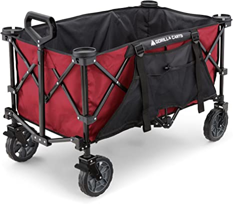 Gorilla Carts 7 Cubic Feet Foldable Collapsible Durable All Terrain Utility Pull Beach Wagon with Oversized Bed and Built in Cup Holders, Red