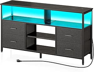 Rolanstar TV Stand with Power Outlets and LED Light, 4 Fabric Drawers Entertainment Center for 32/45/55/65 inch TVs, Media Console with Storage for Living Room or Bedroom, Black