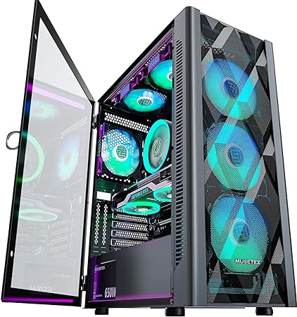 MUSETEX ATX PC Case Pre-Install 6 PWM ARGB Fans,Polygonal Mesh Computer Gaming Case,Opening Tempered Glass Door Mid-Tower Case,USB 3.0 x 2,Black,NN8