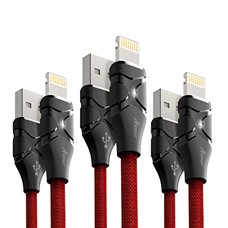 Aimus 3 Pack [4FT 4FT 6FT] Cotton Braided Lightning to USB Cable iPhone Charger Connetor Lead with Led Light for iPhone X 8 Plus 7 Plus 6S Plus 6 Plus SE 5S 5C, iPad Mini 2 3 4 Air IOS11 (4FT 4FT 6FT, Red)