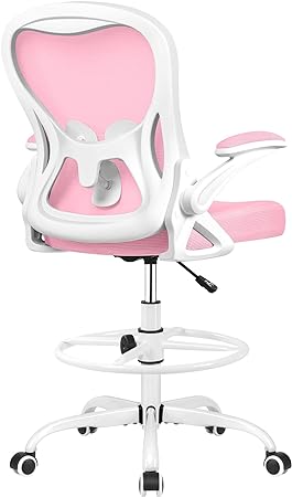 Drafting Chair, Tall Office Chair Ergonomic Standing Desk Chair, Lumbar Support Computer Chair Swivel Task Rolling Chair with Adjustable Flip-up Armrests & Foot Ring (Pink)