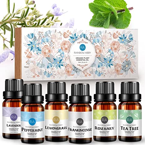 Rainbow Abby Aromatherapy Top 6-100% Pure Therapeutic Grade - Basic Sampler Essential Oil Gift Set- 6/10 ml (Lavender, Tea Tree, Lemongrass, Peppermint, Frankincense and Rosemary)