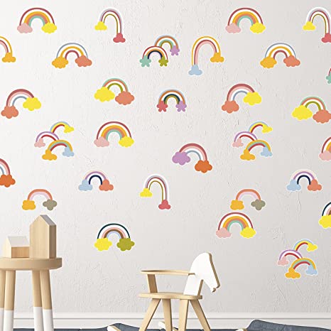 84 Pieces Rainbow Wall Decals Cloud Wall Decals Colorful Boho Room Sticker Removable Vinyl Pastel Rainbow Wallpaper for Nursery Bedroom Kids Room Living Room