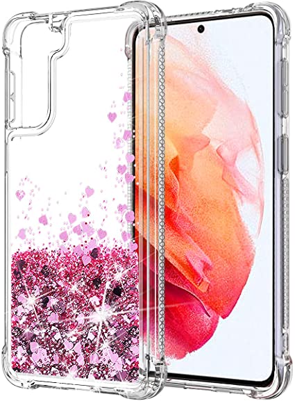 SunStory Compatible with Galaxy S21 Case Glitter Clear (Not Fit S20), Galaxy S21 5G Case with Anti-Fall Angle and Moving Shiny Quicksand Cover for Samsung Galaxy S21 (6.2") Rose Gold