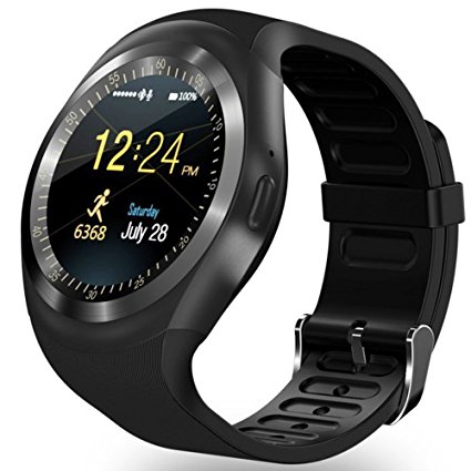Bluetooth Smart Watch Wristwatch, AMENON Classical IPS Round Touch Screen 1.2" Water Resistant Smartwatch Cellphone with SIM TF Card Slot Handsfree Call Fitness Tracker for Android Smart Phones(Black)