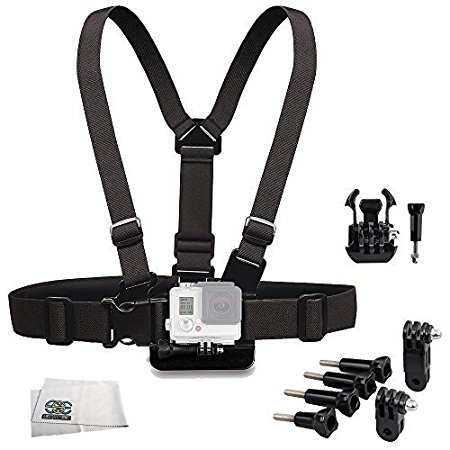 SSE® Accessory Kit for GoPro HERO , HERO4 Session, HERO4, HERO3 , HERO3 (Black, Silver & White), HERO & HERO  LCD. Includes Chest Mount   3-Way Pivot Arm Assembly Extension   4x Thumb Knob   Chest Buckle & Thumb Screw   Microfiber Cleaning Cloth