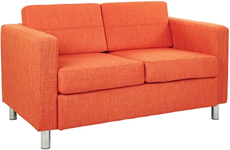 Office Star Pacific Loveseat with Padded Box Spring Seats and Silver Metal Legs, Tangerine Orange Fabric