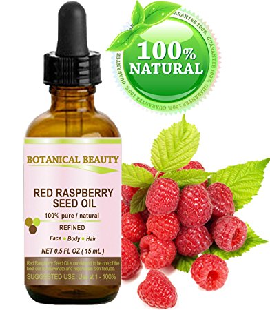 RED RASPBERRY SEED OIL. 100% Pure / Natural / Undiluted / Refined Cold Pressed Carrier Oil. 0.5 Fl.oz.-15 ml. For Skin, Hair, Lip and Nail Care. "One of the highest anti-oxidant, rich in vitamin A and E, Omega 3, 6 and 9 Essential Fatty Acids".