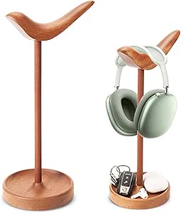 Headphone Stand, Wooden Curved Headset Holder for Desk, Wood Gaming Headset Stand with Storage Tray for Airpods Max, Airpods, Airpods Pro, Beats, Bose, Sennheiser, Sony Head Phone and More