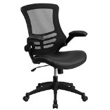 Mid-Back Black Mesh Swivel Task Chair with Leather Padded Seat and Flip-Up Arms