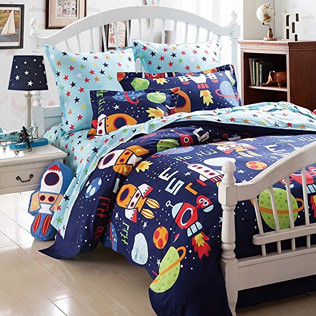 Boys Bedding Sets Space Adventure Bedding Set 100 Cotton Toddler Bedding Rockets Hypoallergenic Duvet Cover Set Twin Size 5Pcs (No Comforter Included) - Brandream