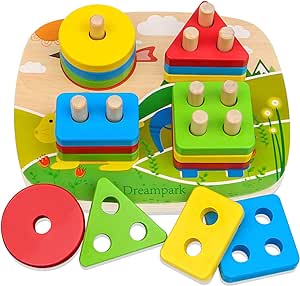 Dreampark Educational Toddler Toys for Boys and Girls Ages 1 2 3 4 and Up, Wooden Shape Color Recognition Preschool Stacking Sort Geometric Board Blocks for Kids Children, Non-Toxic