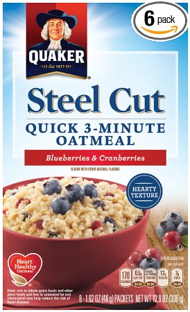 Quaker Steel Cut Oats, Quick 3-minute Oatmeal, Cranberries and Blueberries, Breakfast Cereal, 8 Packets Per Box (Pack of 6 Boxes)