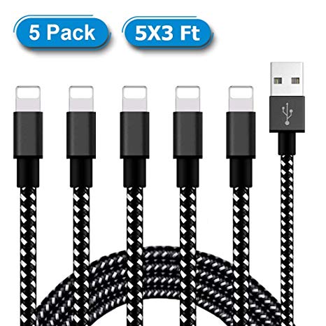 iPhone Fast Charger,MFi Certified Lightning Cable 5Pack 3FT,Nylon Braided Charger to Cable Data Syncing Cord Compatible with iPhone X XS XSMax XR 8 8Plus 7 7Plus 6S 6Splus 6 6Plus Se 5S 5 and iPad