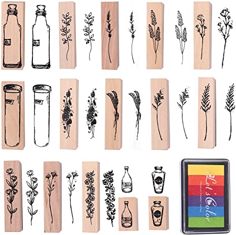 15 Pieces Wooden Rubber Stamp Plant Flower Decoration Stamp Set with 6 Colorful Craft Rainbow Ink Pads for DIY Craft, Letters Diary and Craft Scrapbooking