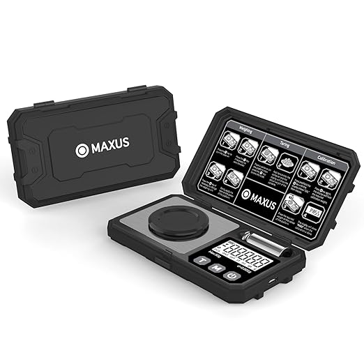 MAXUS Milligram Scale 50g/0.001g, Compact Mg Scale with 50g Calibration Weight, Black Powder Scale for Reloading, Includes a Scoop, a Powder Pan, a USB Cable and Tweezers