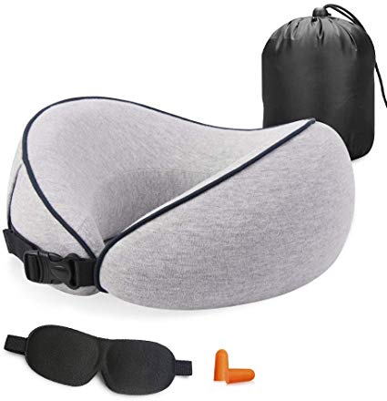 Travel Neck Pillow 100% Pure Memory Foam Neck Pillow-Comfortable & Breathable Cover, Machine Washable, Airplane Travel Kit with 3D Eye Masks, Earplugs