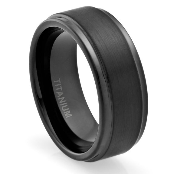 8MM Comfort Fit Titanium Wedding Band | Engagement Ring with Black Plated and Brushed Top finish | Grooved Polished Edges