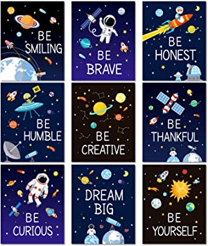 9 Pieces Space Wall Prints Unframed Space Inspirational Posters 8 x 10 Inch Planet Motivational Quote Pictures for Playroom Bedroom Classroom Decor College Dorm