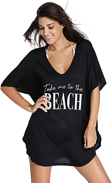 Oryer Swimsuit Cover Ups for Women Baggy V-Neck Swimwear Bathing Suit Coverups T-Shirt Dress Beach Summer