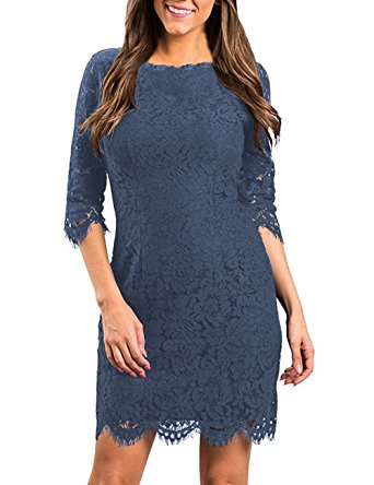 MEROKEETY Women's Elegant Floral Lace 3/4 Sleeve Cocktail Party Bodycon Dress