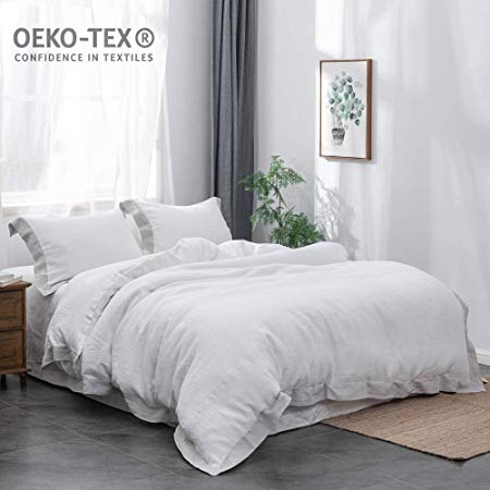 Simple&Opulence 100% Linen Stone Washed Duvet Cover Sets with Border Design (White, Twin)