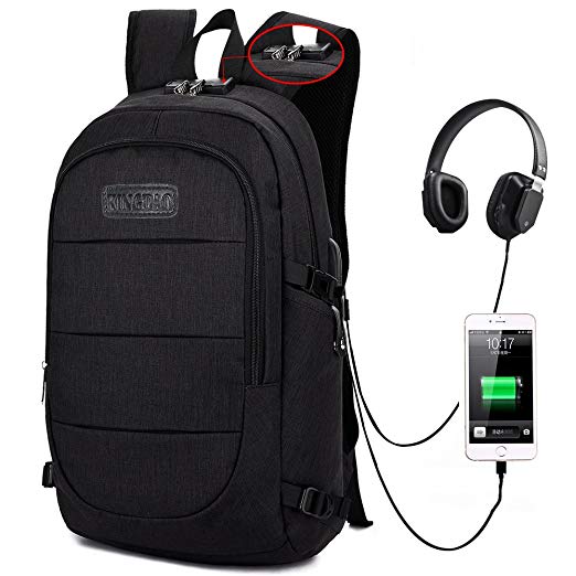 Travel Laptop Backpack,Anti Theft College School Bookbag with USB Charging Port & Headphone interface for Women Men Boys Girls,Business Water Proof Computer Bag Fits Under 15.6 Inches Laptops（Black）