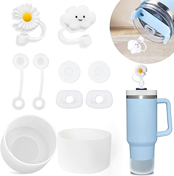 BonneChance Stanley Cup Accessories Set Including 6 Pcs Silicone Spill Proof Stopper, 2 Pcs Straw Cover Cap for 9-10 mm Straws, 1 Pcs Silicone Boot for Stanley Cup Stanley 40oz & 30oz Tumbler (WHITE)