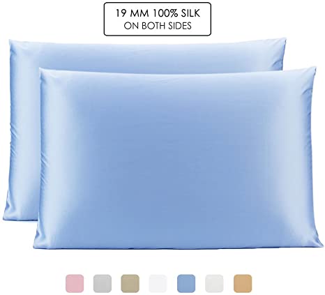 OLESILK 100% Mulbery Silk Pillowcase 2 Pack with Hidden Zipper for Hair and Skin Beauty,Both Sides 19mm Charmeuse -Light Blue, King
