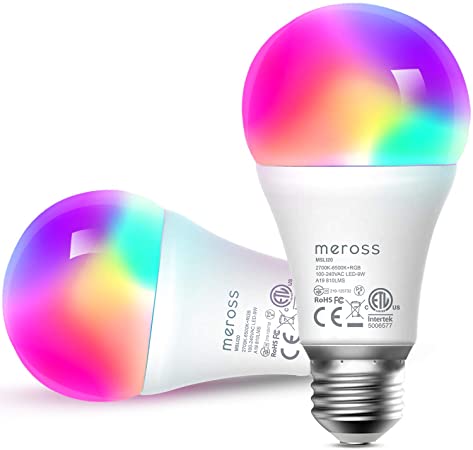 Smart Light Bulb, meross Smart WiFi LED Bulbs Works with Alexa, Google Home, Dimmable E26 Multicolor 2700K-6500K RGB, 810 Lumens 60W Equivalent, No Hub Required,2 Pack