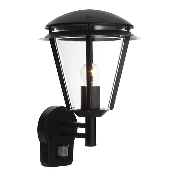 Modern Outdoor Black Stainless Steel Wall Lantern Security Light Complete with PIR Motion Sensor Detector IP44 Weatherproof Lamp Wall Light