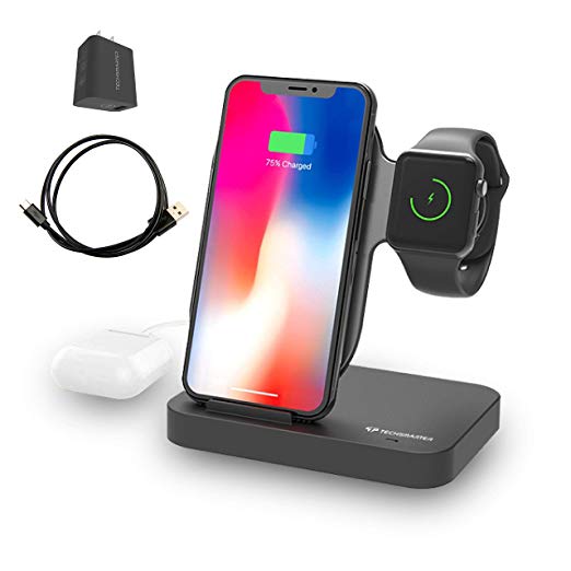 Techsmarter 10W Wireless Charging Dock for iPhone   Apple Watch   USB-A Port | Wireless Charger Compatible with iPhone Xs, XS Max, XR, X, 8/8 Plus Samsung S10, S9, S8, Note 9 & Apple Watch 4, 3, 2, 1