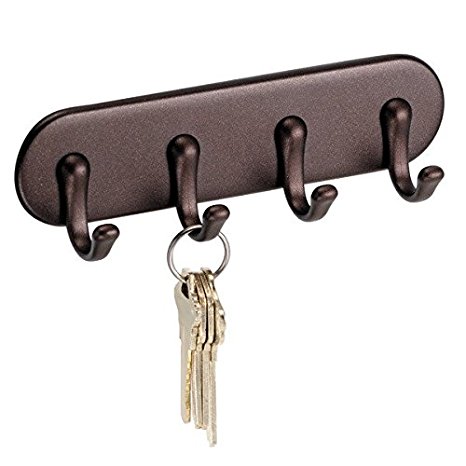 InterDesign York Self-Adhesive Key Rack Organizer for Entryway, Kitchen - 4 Hook, Small, Bronze