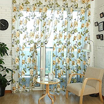 Edal Durable Floral Tulle Voile Voile Curtain Sheer Panel Drape Window Scarfs Yellow Flower with Beads
