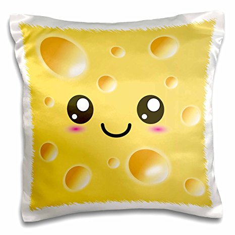 3dRose Cute Kawaii Happy Yellow Swiss Cheese with Holes A Smiley Face and Rosy Cheeks-Adorable Foods-Pillow Case, 16 by 16" (pc_58324_1)