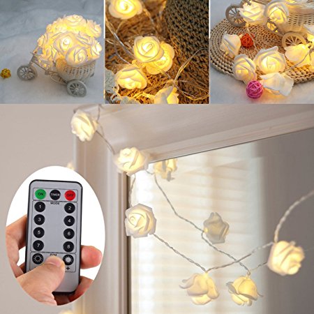 [UPDATED VERSION] Battery Operated 15 ft 30 LED White Rose Flower Fairy String Lights with Remote for Valentine's, Wedding, Bedroom, Indoor Decoration (Dimmable, Timer, 8 Modes, Warm White)