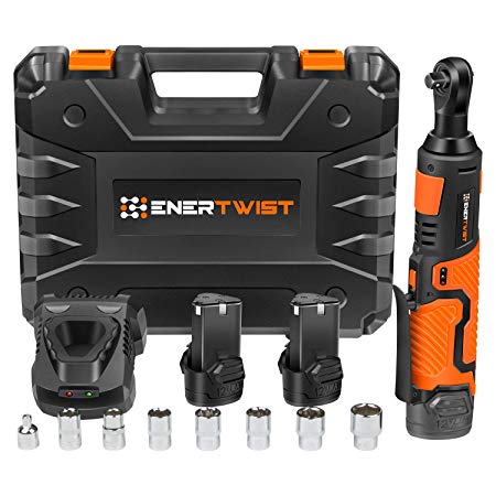 Enertwist Cordless Electric Ratchet Wrench Set, 3/8" 12V Power Ratchet Tool Kit with 2.0Ah Lithium-Ion Batteries, Fast Charger, 7-Pieces 3/8 Inch Metric Sockets and 1/4“ Adaptor, ET-RW-12B