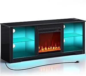 Rolanstar Fireplace TV Stand with Led Lights and Power Outlets, TV Stand for 45/50/55/60/65 inch TVs, Entertainment Center with Electric Fireplace, Modern TV Console with Glass Shelves, Glossy Black