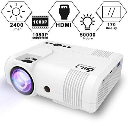 DR. J Professional 2400Lumens Video Projector Compatible with HDMI/VGA/USB/TF/AV/Sound Bar/PS4/WII/XBOX/TV/FireTV Stick/TV Box/Laptop for Home Entertainment, 1080P Supported