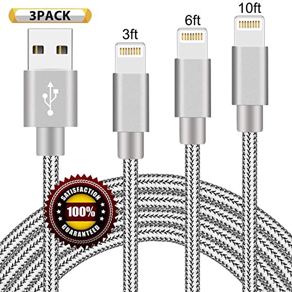 BULESK Phone Cable 3Pack 3FT 6FT 10FT to USB Syncing Data Nylon Braided Phone Charger Cable Compatible Phone X/8/8Plus/7/7Plus/6/6Plus/6s/6sPlus/5/5s/5c/SE - Grey