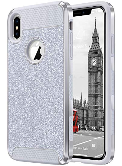 ULAK iPhone Xs Max Case,Bling Sparkly Glitter Slim Shockproof Protective Shiny Girl Women Faux Leather Soft TPU Bumper Hard PC Phone Cover for Apple iPhone Xs Max 6.5”,Silver